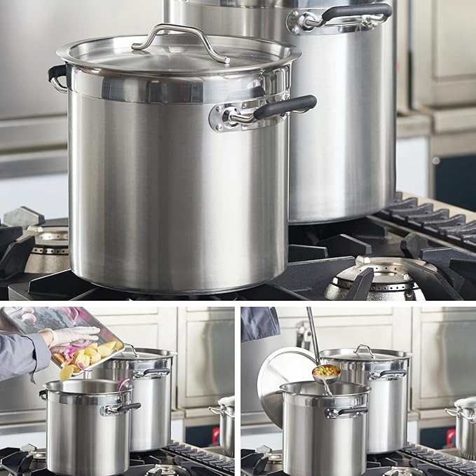CURTA 12 Quart Large Stock Pot with Lid, NSF Listed, 3-Ply 18/8 Stainless Steel Cooking Pot, Commercial Cookware for Soup, Stew & Sauce, Riveted Silicone Handle, Induction Ready