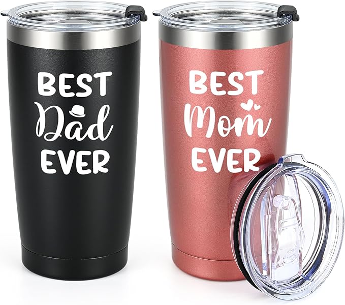 Qtencas Gifts for Parents, Best Mom & Dad Ever Stainless Steel Travel Tumbler Set, Christmas & Birthday Gift (20oz, Black & Rosegold)
