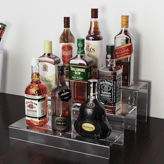 2 Pack Tiers Bar Shelves for Liquor Bottles, 15" Clear Acrylic Risers Display Racks Stands for Figures Pops Cupcake Perfume Collections (Clear)