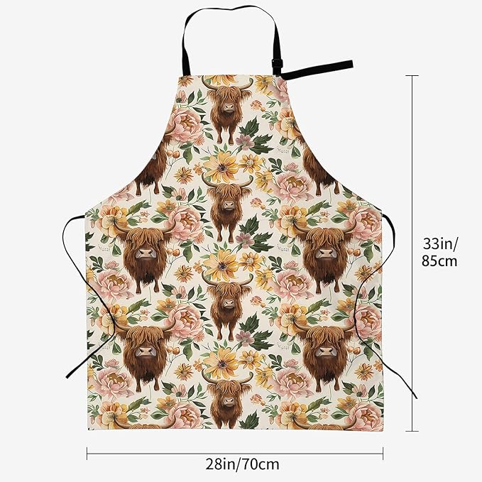 Highland Cow and Floral Apron for Women, 28x33in, Kitchen Chef Aprons with 2 Pockets, Polyester, Cute Cow Flower Apron for Cooking BBQ Baking Gardening Chef, Gifts for Mom Wife Dad
