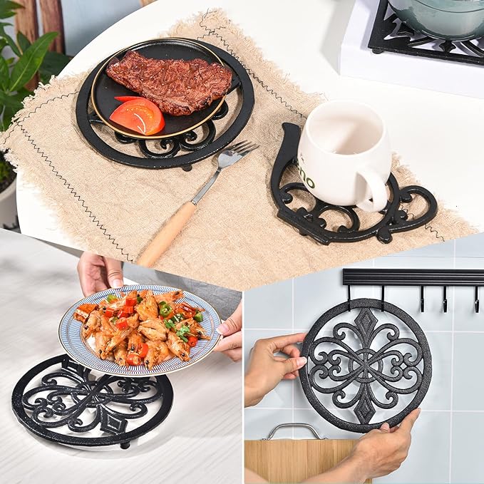 Sungmor Heavy Duty Cast Iron Round Metal Trivet,Rustproof Black Racks Stands Holders for Hot Pans or Teapot,Kitchen or Dinning Table Decorations