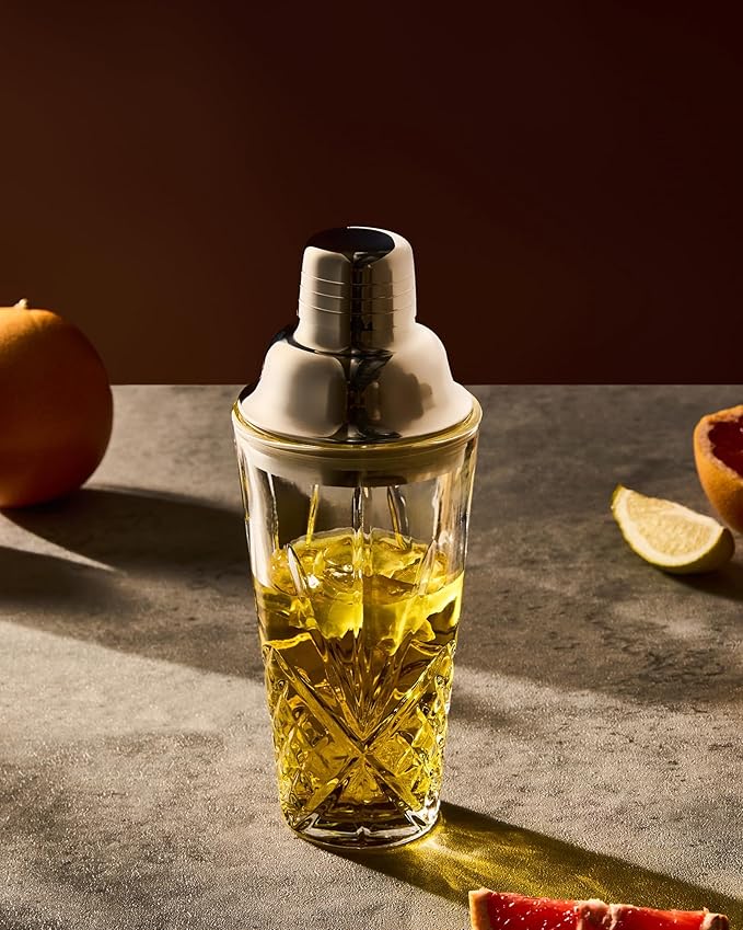 Glass Cocktail Shaker, 15oz Cutting Design - Exquisite Martini Shaker for Elevated Mixology. Perfect for Crafting Artisan Cocktails, Martinis. (Including Drink Shaker & Gold Pour Spout)