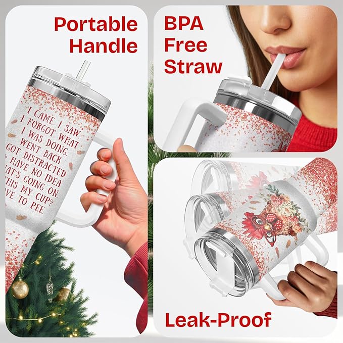 34HD Funny Chicken Tumbler with Handle and Straw, 40oz I Cam I Saw Coffee Mug Stainless Steel, Leakproof Rooster Cup, Chicken Gifts for Chicken Lovers Farmers