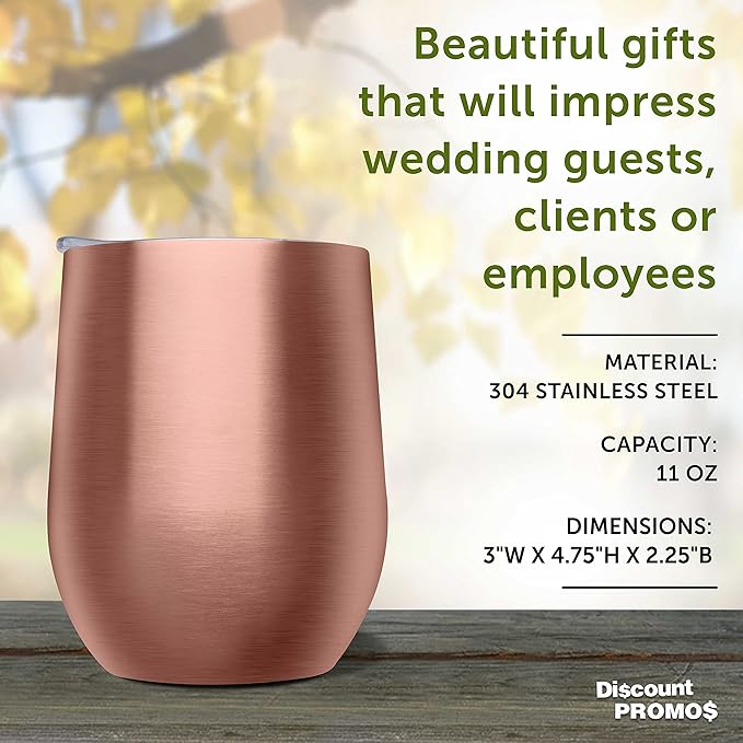 DISCOUNT PROMOS Stemless Wine Glass Tumblers with Lids by Largo 11 oz. Set of 6, Bulk Pack - Perfect for Wine, Cocktails, Other Hot & Cold Beverages - Rose Gold