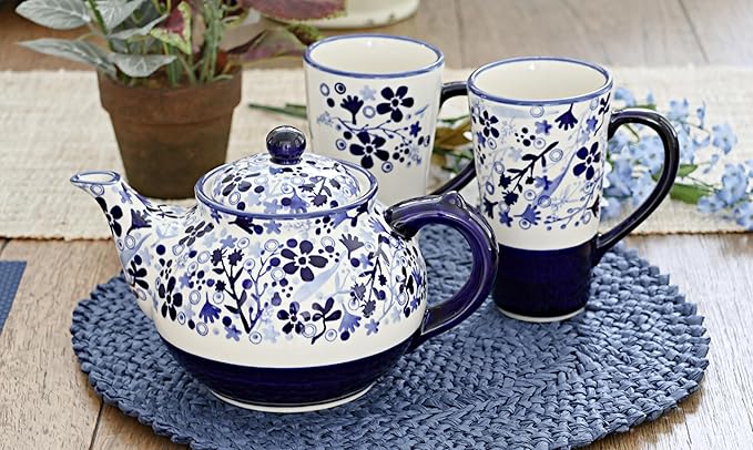 Blue Rose Polish Pottery - Blue Eloise Teapot - 5 Cup Capacity - Hand-Painted Polish Pottery Ceramic Coffee & Tea Server