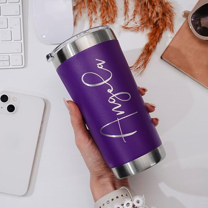 Be Burgundy Personalized Tumbler with Engraved Name - 12 Designs, 20 Oz Coffee Tumbler with Slider Lid, Purple, Double Wall Insulated - Gift for Mom, Women, Personalized Birthday Gift for Her