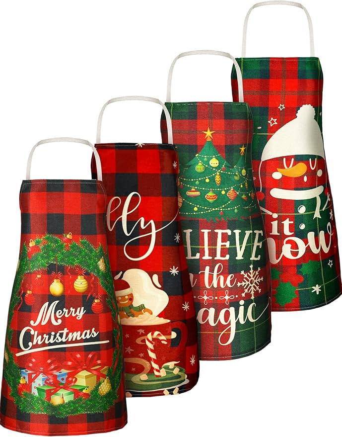SATINIOR 4 Pcs 21.7" x 26.8" Christmas Aprons Adjustable Kitchen Aprons Xmas Plaid Merry Christmas Bib for Adults