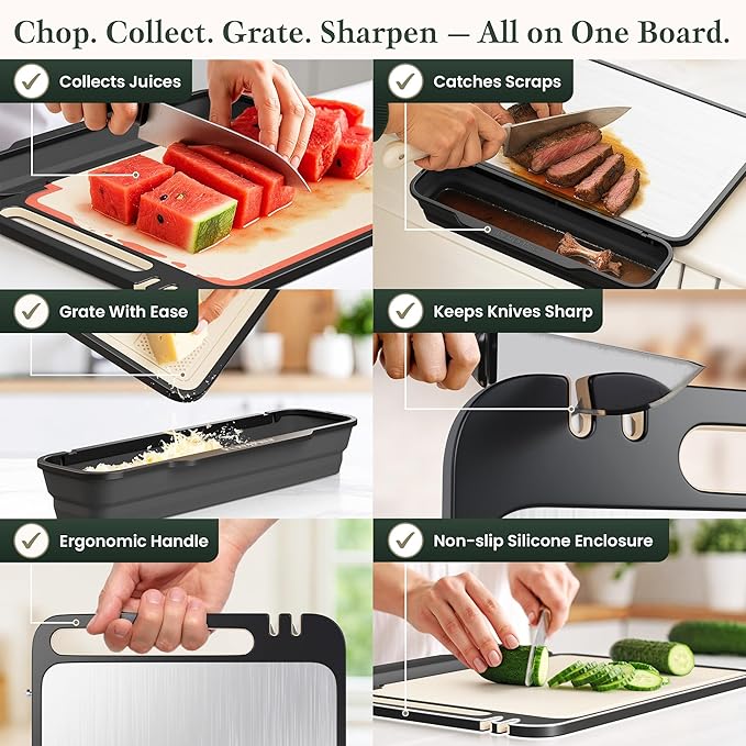 PURE-PREP Titanium Cutting Boards for Kitchen - Double Sided Cutting Board Pure Titanium/Wheat Straw PP with Collapsible Catch, Grater and Knife Sharpener - Metal Chopping Board Large 16” x 11”