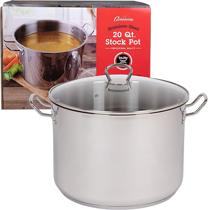 Camerons 20 Quart Stock Pot with Lid - Tri-ply 18/10 Professional Grade Induction Ready Stainless Steel Sauce Pot w/Handles - Stick Resistant Interior- Great for Cooking Thanksgiving Turkey Dinner