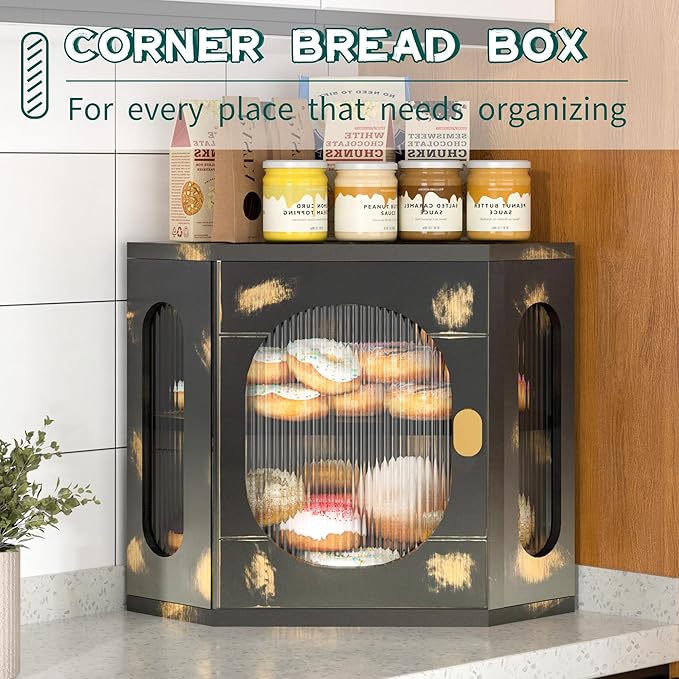 Corner Bread Box for Kitchen Countertop, Large Wooden Bread Box, Double Layer Bread Storage Bin, Bamboo Breadbox for Homemade Bread, Farmhouse Kitchen Organizer with Acrylic Window