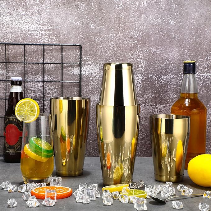 Zhehao 24 Pcs Gold Cocktail Shaker Professional Bar Boston Shaker Set Stainless Steel Martini Shake Drink Mixer Basic Tool Weighted Shake Metal Can Bartending Tins for Beginner, 18oz, 28oz