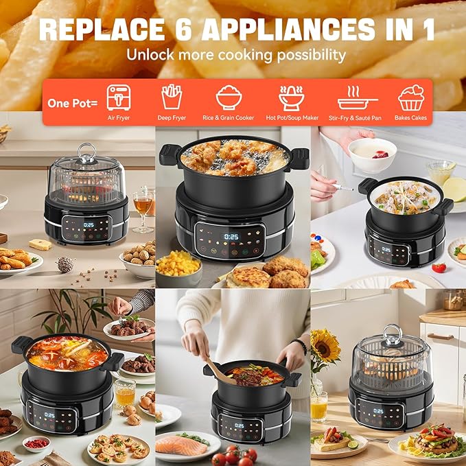 6QT Air Fryer & Multi-Cooker Combo - 12-in-1 Electric Hot Pot, Rice Cooker, Steamer with Removable Air Fry Basket & Soup Pot, 1800W, Dishwasher Safe