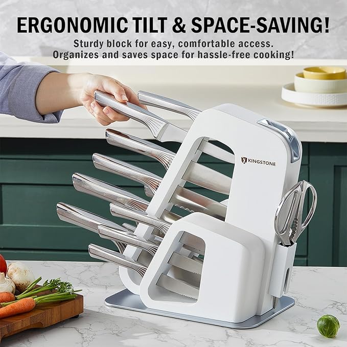 KINGSTONE Kitchen Knife Set with Block,14 Pcs German Stainless Steel Knife Set with Built-in Sharpener, Dishwasher Safe Knife Block Set (White, 14pcs)