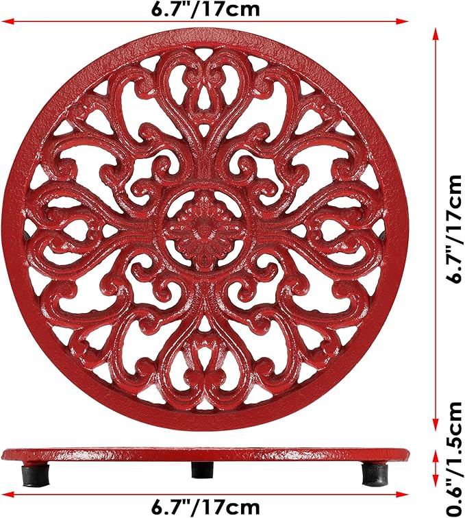 Sumnacon Cast Iron Trivet 6.7 Inch Iron Trivet for Hot Dish Pot Pan Plate Teapot,Heat Resistant Cast Iron Trivets with Rubber Feets for Kitchen Dining Table Cooktop Stove,Retro Red