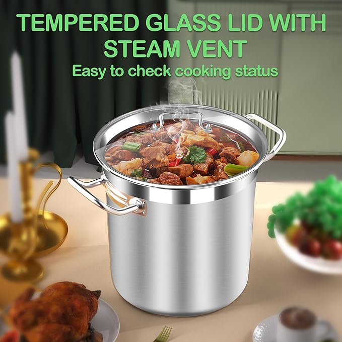 Stainless Steel 20 Quart Stockpot with Tempered Glass Lid, 3-Ply Base, 8.8 lbs, Polished Finish, Suitable for Stovetop and Oven, Dishwasher Safe