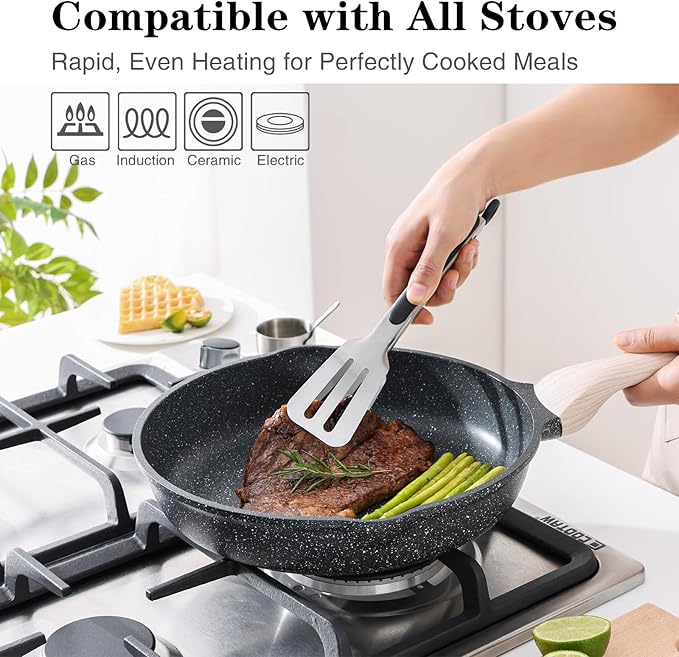 Kordisen Nonstick Frying Pan Set, 3 Piece Skillet Set, Healthy Induction Cookware Cooking Pan, Stay-Cool Handle, Compatible with All Stovetops, PFOA Free (9.5, 11, 12.5 Inch)