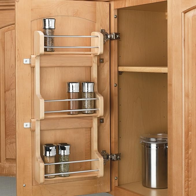 Rev-A-Shelf 15" 3 Tiered Pull Out Shelf Organizer for Kitchen Cabinets, Pantry Storage Spice Seasoning Rack, Door/Wall Mounted, Maple Wood, 4SR-15