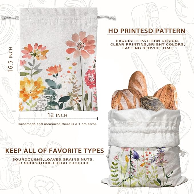 Reusable Linen Bread Bag for Homemade Bread Sourdough Loaf, Wildflower Beeswax Bread Bag 2Pcs, Flroal Storage Large Bread Box for Baker Focaccia Sandwich Bags Baking Chritmas Gifts for Women 16.5x12