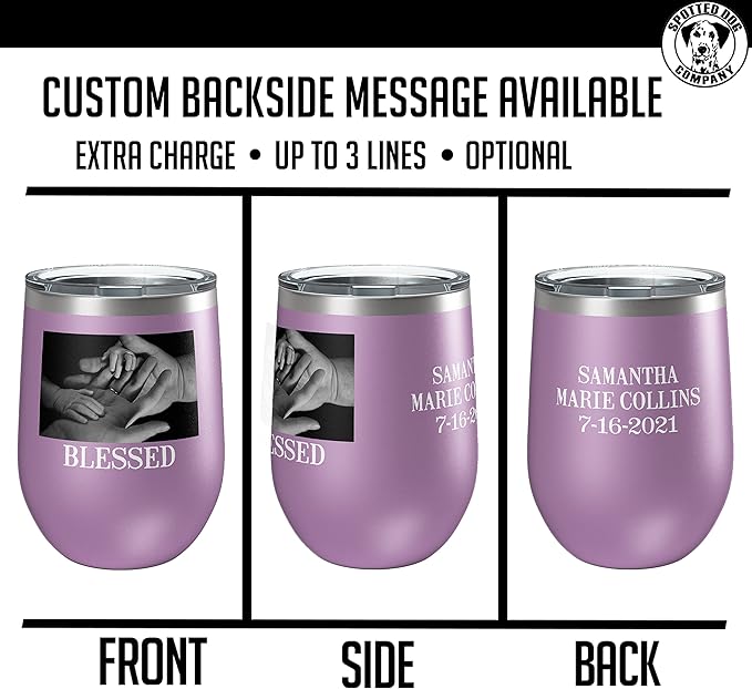 Personalized Mothers Day 12oz Photo Printed Insulated Stainless Steel Powder Coated Stemless Wine Tumbler with Lid, Customized Mum Gift Idea for Her, Custom Mom Team (Light Purple)