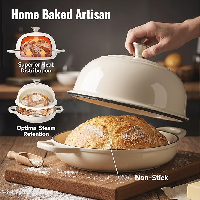 4.5 QT Dutch Oven for Bread Baking, Cast Iron Bread Oven for Sourdough, Enamelled Bread Dutch Oven with Lid, Heavy-Duty Non Stick Bread Pot, Beige