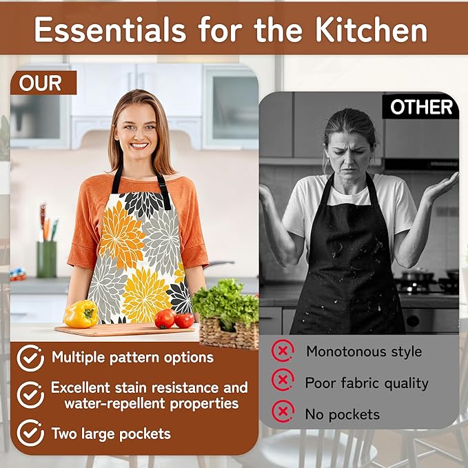 Cooking Apron for Women and Men,Adjustable Chef Bib Apron with 2 Pockets, Water and Oil Resistant for Kitchen Use