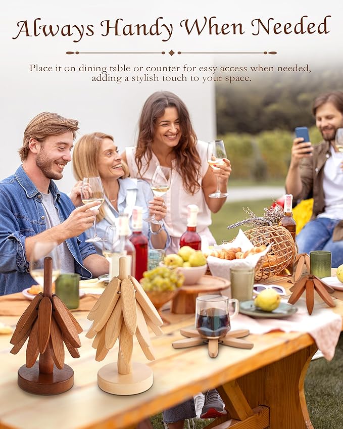 Wooden Tree Trivets for Hot Dishes, 4 Wooden Trivet + 1 Stand Natural Wooden Coaster for Hot Dishes, Pot, Bowl, Teapot, Hot Pot Holders, 4 Foldable Christmas Tree-Shaped Trivets