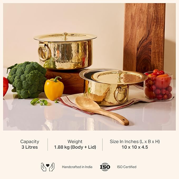P-TAL Brass Stock Pot with Lid Naturally Nonstick and Toxin Free Pasta Pot Multipurpose Cooking Pot, PFOA and PTFE Free (3.2 Quart)