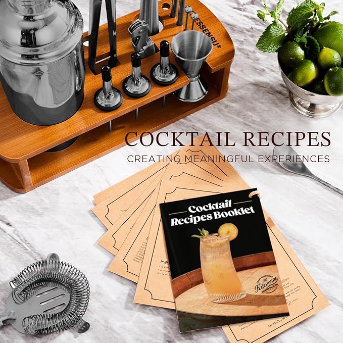 KITESSENSU Cocktail Shaker Set Bartender Kit with Stand | Bar Set Drink Mixer Set with All Essential Bar Accessory Tools: Martini Shaker, Jigger, Strainer, Mixer Spoon, Muddler, Liquor Pourers | Black