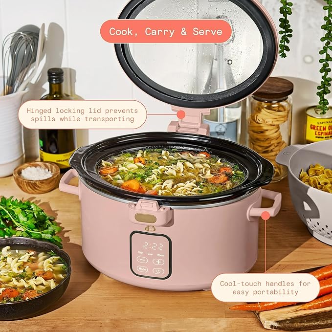 Beautiful 4-Qt Programmable Slow Cooker with Hinged Locking Lid & Touch Display – 3 Heat / 4 Timer Settings (Rose)