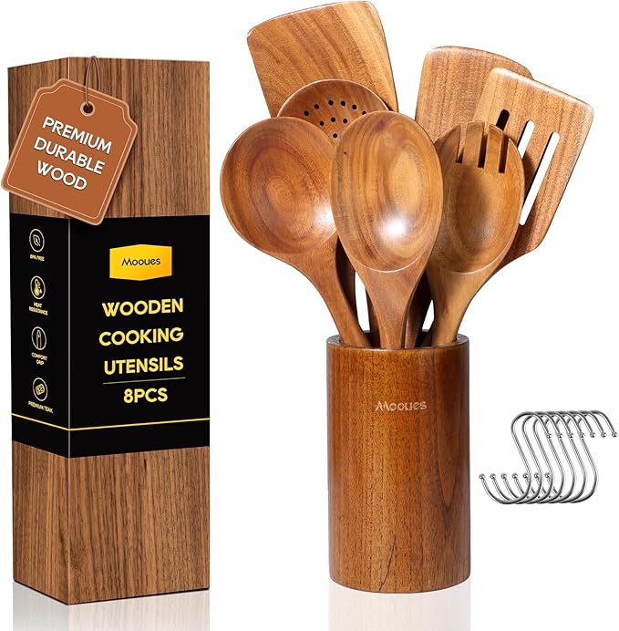 Wooden Spoons for Cooking, 8 PCS Teak Wood Cookware Utensil Set with Hooks - Smooth Finish, Non-Stick, Comfort Grip Cooking Spoons and Utensils Holder