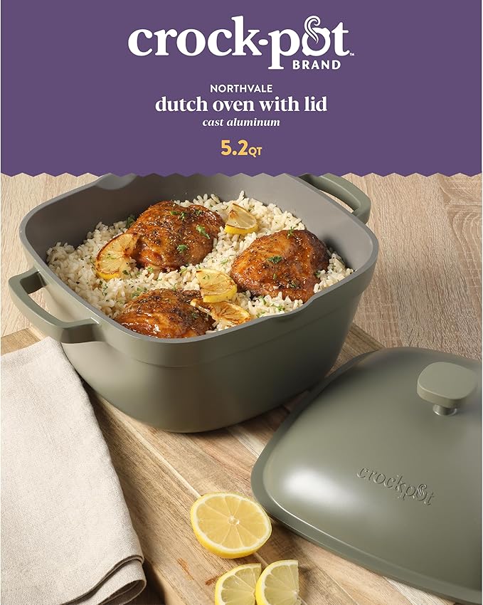 Crock-Pot Northvale Cast Aluminum Lightweight Durable 5.2 Quart Heavy Duty Dutch Oven Pot With Lid, Oven Safe, Dual Handles - Matte Sage Green