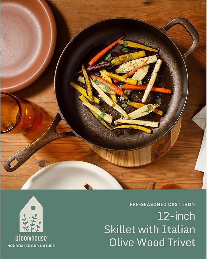 Bloomhouse - Two Time Oprah's Favorite Things Winner - Natural Bronze Finish 12" Cast Iron Skillet w/Long Handle, Helper Handle & Olive Wood Trivet – Olive Oil Treated Fry Pan, Oven & Stovetop Safe