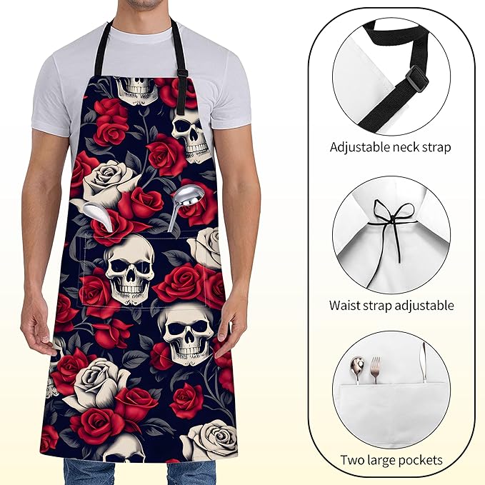 Gothic Skull Apron for Women with Rose,28x33in,Goth Kitchen Aprons with 2 Pockets, Oxford Fabric,Bold Halloween Adjustable Apron for Cooking Baking Gardening Chef,Gifts for Mom Wife