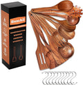 10 PCs Teak Wooden Utensil Set with Hooks, Wooden Spoons for Cooking, Wood Cooking Utensils Set, Comfort Grip, Non Stick Cookware, Easy to Clean, Kitchen Stuff, Wood Spatula