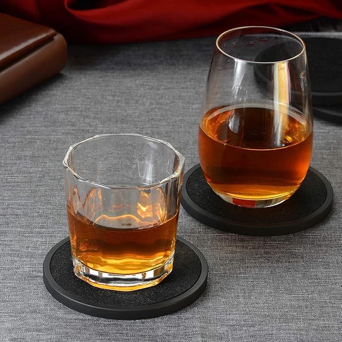 Absorbent Coasters for Drinks with Holder - 6packs, Silicone Coaster with Soft Felt Insert, Black (Coasters with Holder, Black)