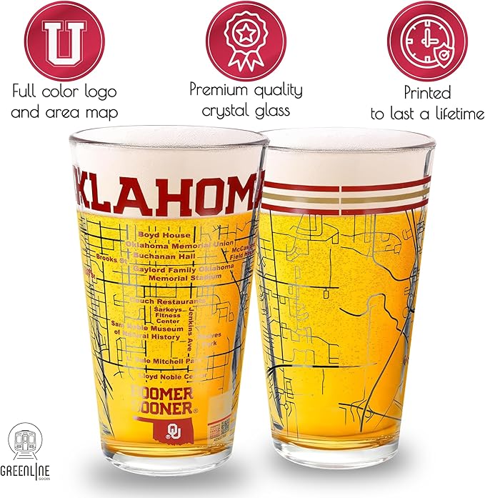 Greenline Goods – University of Oklahoma Sooners College Pint Beer Glasses (Set of 2), 16 oz – Full-Color Logo + Campus Map