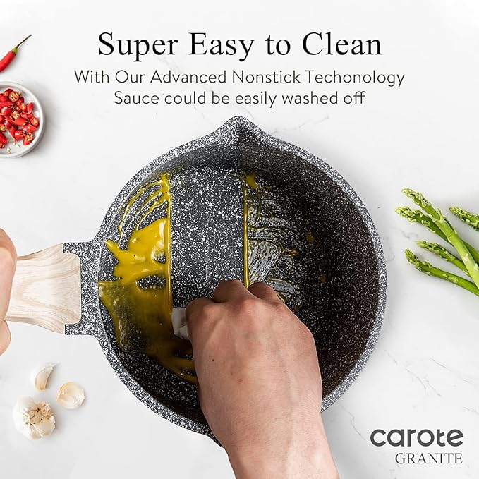 CAROTE 1.5Qt & 3.0Qt Sauce Pan Sets with Lid Cooking Pots Nonstick Saucepans Cookware Set with Pour Spout Small Kitchen Pot, Induction Comptable, Easy to Clean, PFOA FREE (Classic Granite)