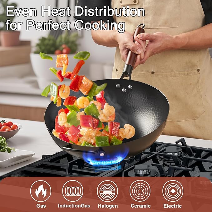 Wrought Iron Flat Bottom Wok with Glass Lid – Detachable Wooden Handle, Non-Coated Naturally Nonstick Frying Pan for Gas, Electric & Induction Stoves (Black Wok with Helper Handle, 13.4 inch)