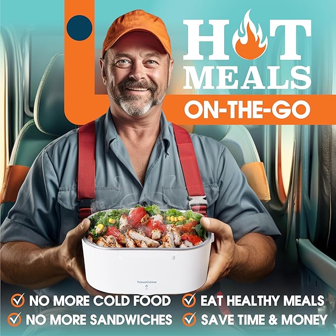 TRAVELISIMO Electric Lunch Box for Adults 80W Heated Lunch Box For Men 1.5L Stainless Steel Portable Food Warmer, 12/24/110V Electric Food Warmers for Travel & Work, Loncheras Para Hombres de Trabajo