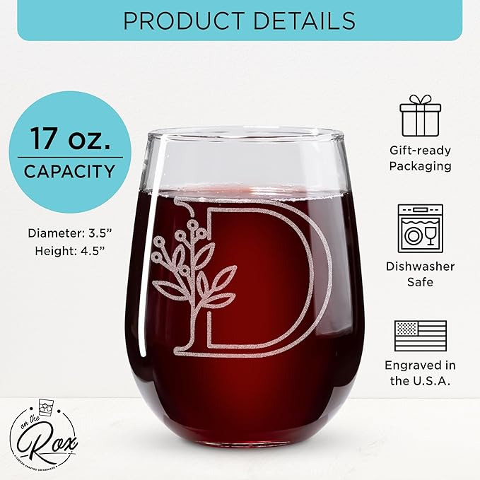 On The Rox Drinks Monogrammed Gifts For Women and Men - Letter A-Z Initial Engraved Monogram Stemless Wine Glass - 17 Oz Personalized Wine Gifts For Women and Men (D)
