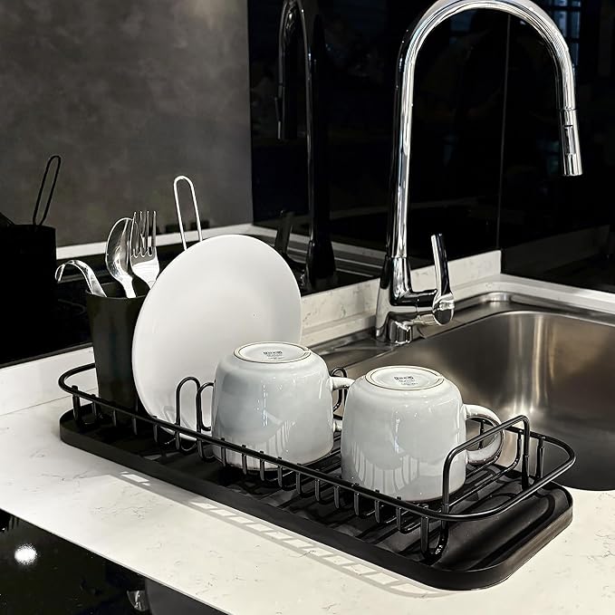 SunnyPoint 304 Stainless Steel NeverRust Compact Dish Drying Rack with Utensil Holder & Removable Drain Tray, Rustproof Small Dish Rack for Kitchen Countertop or Over Sink – Black