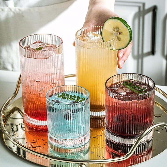 Ribbed Glass Cups Set, 13oz Vintage Drinking Glassware Set, 6 Piece Premium Glassware, Elegant Mixed Glassware Set, Origami Style Cocktail Glasses, Great for Whisky, Iced Coffee & Beverages (6PCS)