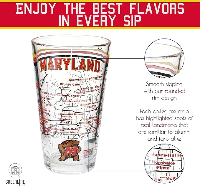 Greenline Goods – University of Maryland Terrapins College Pint Beer Glasses (Set of 2), 16 oz – Full-Color Logo + Campus Map