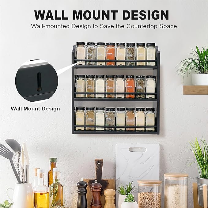 3 Tier Bamboo Spice Rack, Spice Rack Organizer, Seasoning Jars Rack Shelf Spice Organizer for Kitchen Counter or Wall Mounting, Spice Storage Holder with handles, Jars Not Included,Black