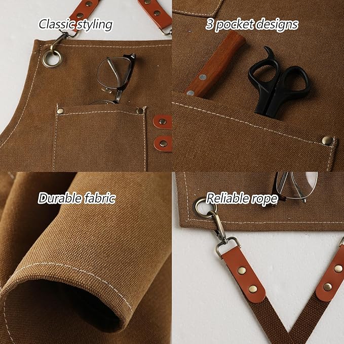 Canvas Apron with Cross Back Straps for Men & men,Chef & work Apron with Multiple Pockets for Cooking,BBQ,Workshop,Gardening and Crafts(Brown)