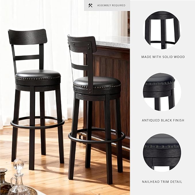 Signature Design by Ashley Valebeck Tall Upholstered Swivel Bar Stool with 360-Degree Swivel and Nailhead Trim, Faux Leather, 30" Seat Height, Black Finish