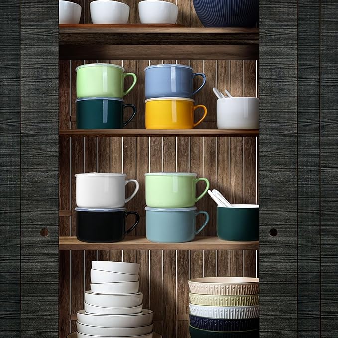 Soup Bowls with Handles & Spoons, 30oz Ceramic Ramen Bowl with Lid, Large Soup Mugs/Cups for Instant Noodle, Big Cereal Bowls for Oatmeal, Soup Containers with Lids, Set of 2, Grass Green