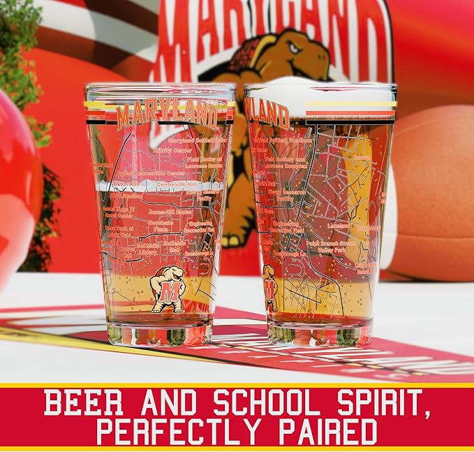 Greenline Goods – University of Maryland Terrapins College Pint Beer Glasses (Set of 2), 16 oz – Full-Color Logo + Campus Map