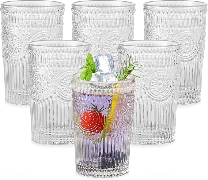 Vintage Glassware Drinking Glasses Set of 6,13 oz Clear Textured Flower Design Glass Water Tumblers，Embossed Striped Drinkware for Water,Cocktails,Juice,Iced Coffee