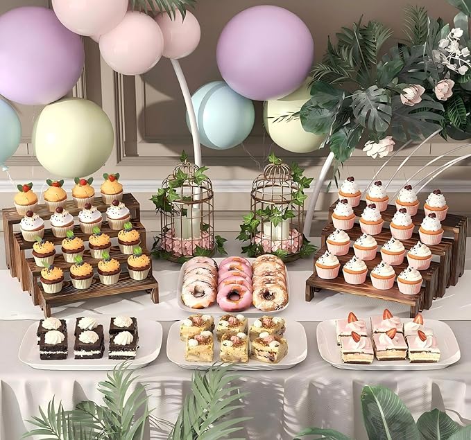 Large Wooden Tiered Riser Stand for Vendor Booth Events, Stackable Cupcake & Dessert Display, Farmhouse Decor Table Set, Food Display Items for Party (12-11.2-10.4-9.6IN), 2 Set